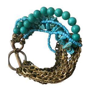 Vintage Boho Turquoise Beaded Multi-Strand Bracelet - Gold Tone Chain - Chic